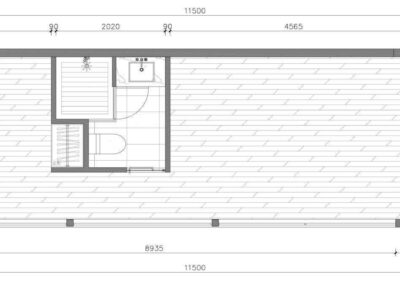 BAUSTADT F70 space capsule house floor plan layout with dimensions and bathroom placement