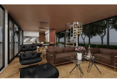 BAUSTADT Apple Cabin D1 modern interior living room with wooden flooring and large windows