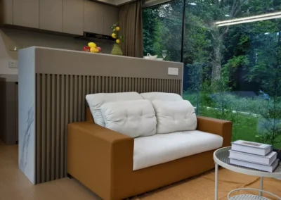 Modern capsule house living area with leather sofa and large floor-to-ceiling glass window garden view